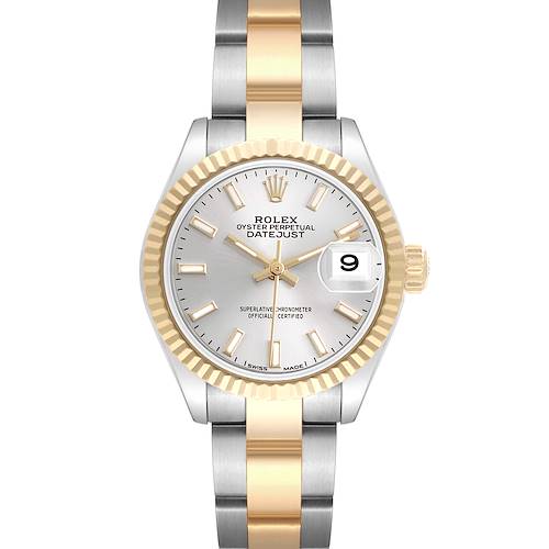 The Rolex Datejust 279173 Women's Steel and Gold (two tone) Silver Dial 279173 Women's Steel and Gold (two tone) Silver Dial watch is shown from a top-down angle, featuring the dial, bezel, and two-tone bracelet.