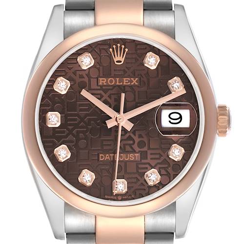 The Rolex Datejust 126201G Men's Steel and Gold (two tone) Brown Dial 126201G Men's Steel and Gold (two tone) Brown Dial watch is shown from the front, displaying the dial, hands, bezel, and date window.