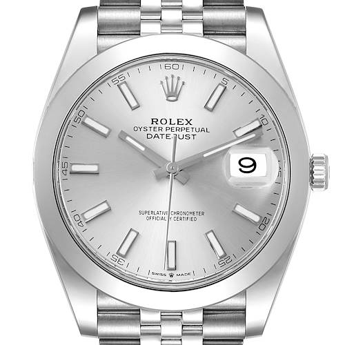 This is a front-angle view of the Rolex Datejust 41 126300 Men's Stainless Steel Silver Dial 126300 Men's Stainless Steel Silver Dial, showcasing its dial, hour markers, hands, date window, and bracelet.
