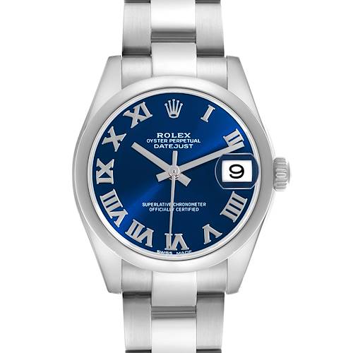 The Rolex Mid-Size 178240 Women's Stainless Steel Blue Dial 178240 Women's Stainless Steel Blue Dial model is shown from the front, displaying the dial, hands, date window, and part of the bracelet.