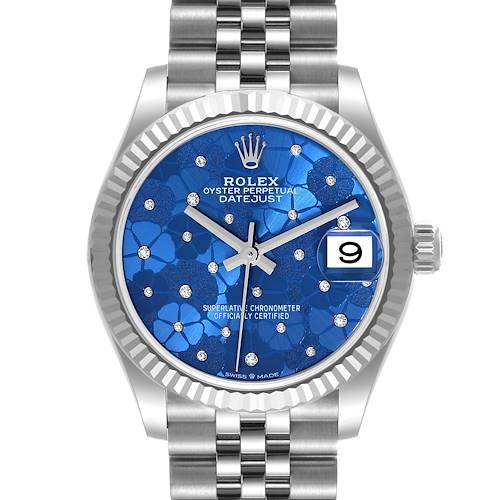 The image shows a frontal view of a Rolex Datejust Mid-Size watch with a blue floral dial and silver bracelet.