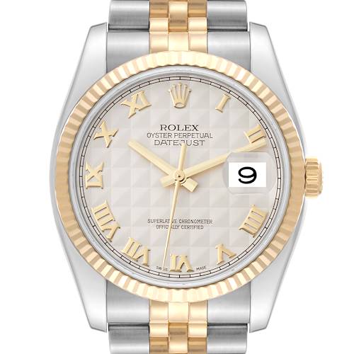 This image shows a Rolex Datejust 116233 Men's Steel and Gold (two tone) Beige Dial 116233 Men's Steel and Gold (two tone) Beige Dial watch from a frontal angle with details of the dial, bezel, crown, and partially the bracelet.