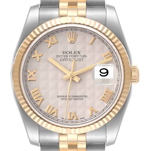 The Rolex Datejust 116233 Men's Steel and Gold (two tone) Beige Dial 116233 Men's Steel and Gold (two tone) Beige Dial watch is shown from a top-down angle, displaying its face, bezel, and part of the bracelet.