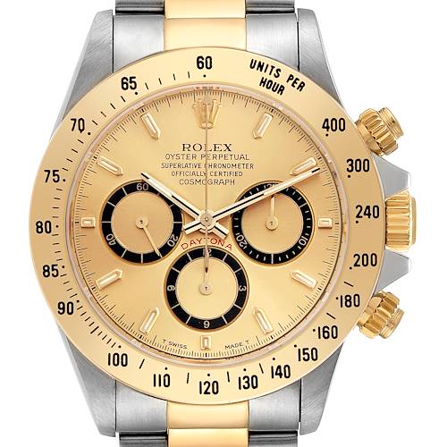 The image shows a front view of a Rolex Daytona 16523 Men's Steel and Gold (two tone) Champagne Dial 16523 Men's Steel and Gold (two tone) Champagne Dial watch, highlighting the dial, bezel, and pushers.
