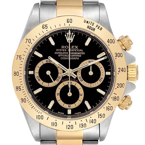 The Rolex Daytona 16523 Men's Steel and Gold (two tone) Black Dial 16523 Men's Steel and Gold (two tone) Black Dial watch is shown from the front, displaying the dial, bezel, and part of the bracelet.