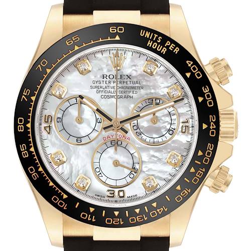 The Rolex Daytona 116518LN Men's Yellow Gold Mother of Pearl Dial 116518LN Men's Yellow Gold Mother of Pearl Dial watch is shown from a front view, highlighting the dial, bezel, and pushers.
