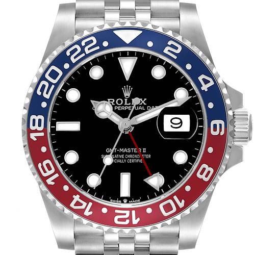 The Rolex GMT-Master 126710BLRO Men's Stainless Steel Black Dial 126710BLRO Men's Stainless Steel Black Dial II watch is shown from the front, displaying its bezel, dial, hands, and cyclops date window.