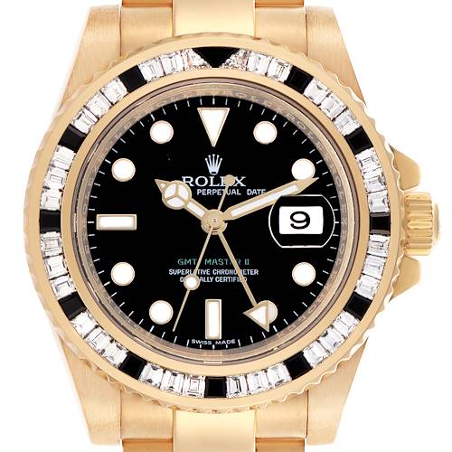 The Rolex GMT-Master 116748 Men's Yellow Gold Black Dial 116748 Men's Yellow Gold Black Dial watch is shown from the front, highlighting the dial, bezel, and crown.