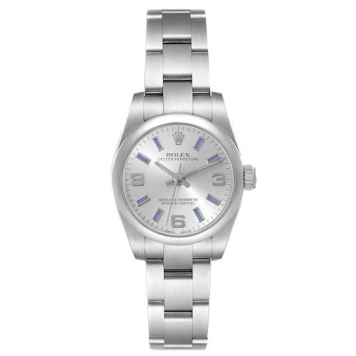 The image shows a front view of a Rolex Oyster Perpetual 176200 Women's Stainless Steel Silver Dial 176200 Women's Stainless Steel Silver Dial watch, highlighting its bracelet, dial, and crown.