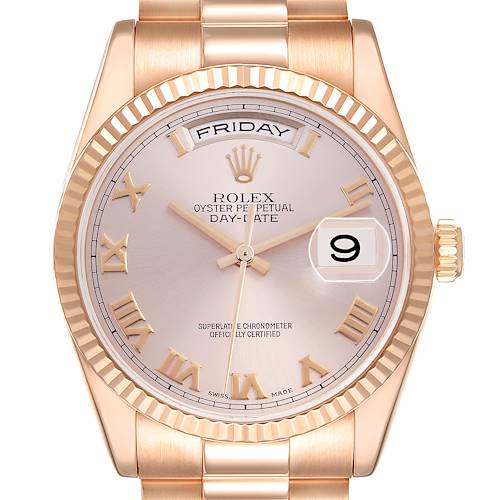 The image shows a frontal view of the Rolex President 118235 Men's Rose Gold Pink Dial 118235 Men's Rose Gold Pink Dial model, displaying its dial, bezel, and part of the bracelet.