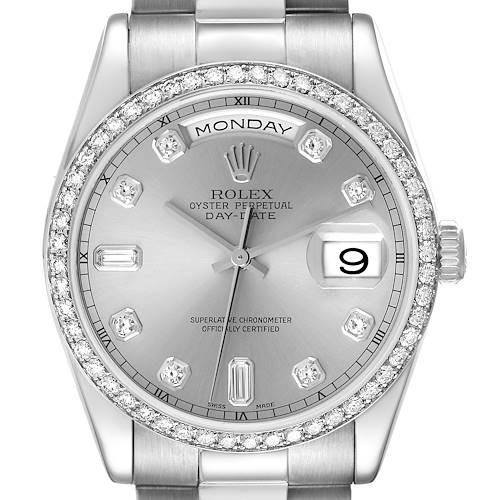 The image shows a frontal view of the Rolex President 118346 Men's Platinum Silver Dial 118346 Men's Platinum Silver Dial model, displaying the dial, bezel, and part of the bracelet.