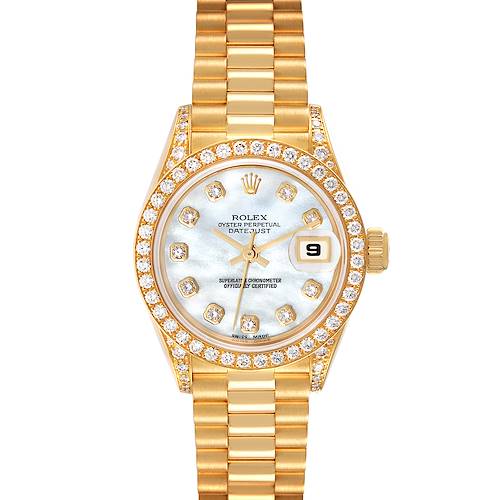 The image shows a front view of a Rolex President 69158 Women's Yellow Gold Mother of Pearl Dial 69158 Women's Yellow Gold Mother of Pearl Dial model watch, highlighting its gold band, diamond bezel, and date display.