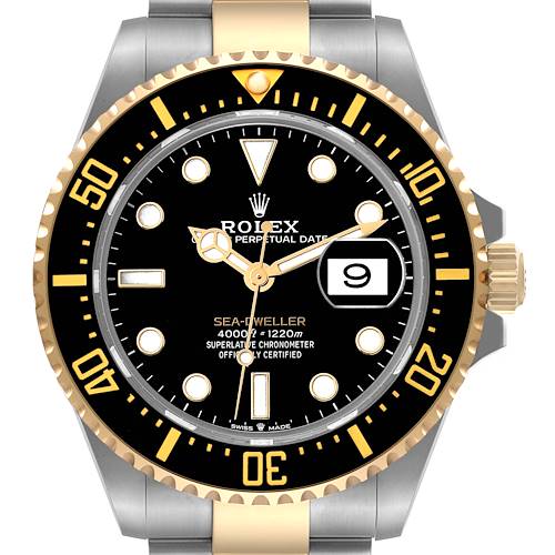 This image shows a close-up, front view of a Rolex Sea-Dweller 126603 Men's Steel and Gold (two tone) Black Dial 126603 Men's Steel and Gold (two tone) Black Dial watch, highlighting the dial, bezel, hands, and date window.