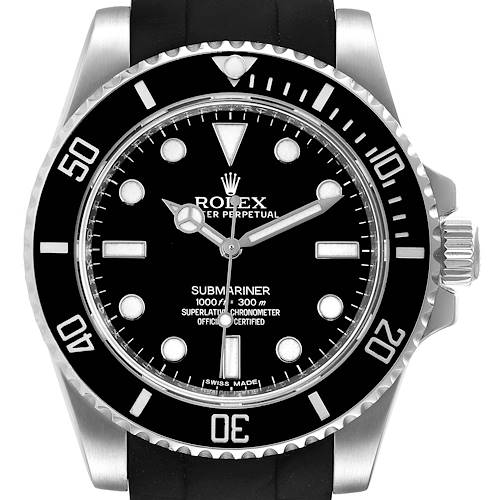 The head-on angle shows the dial, bezel, crown, and part of the strap of the Rolex Submariner 114060 Men's Stainless Steel Black Dial 114060 Men's Stainless Steel Black Dial watch.