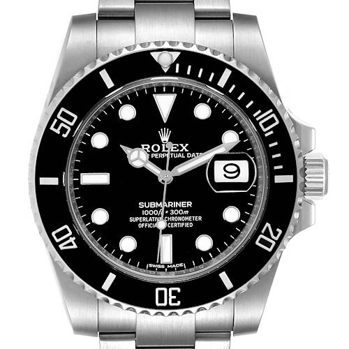 This image shows a front view of the Rolex Submariner 116610 Men's Stainless Steel Black Dial 116610 Men's Stainless Steel Black Dial watch, displaying its dial, bezel, and portion of the bracelet.
