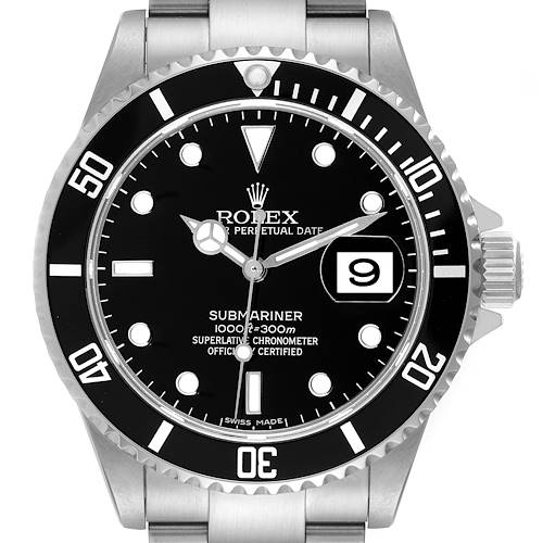 The image shows a front view of a Rolex Submariner 16610 Men's Stainless Steel Black Dial 16610 Men's Stainless Steel Black Dial watch, highlighting the dial, bezel, and a part of the bracelet.
