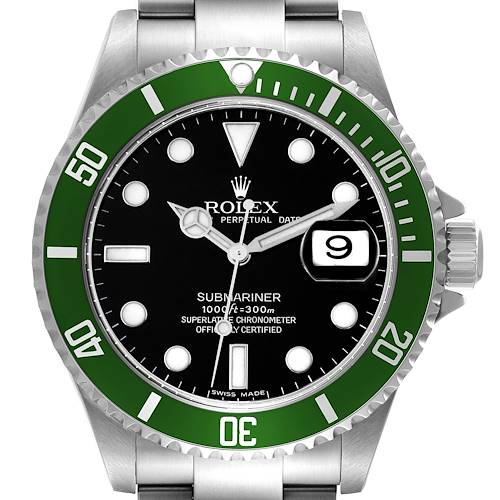 This image shows a close-up front view of a Rolex Submariner 16610LV Men's Stainless Steel Black Dial 16610LV Men's Stainless Steel Black Dial watch, displaying the face, hands, bezel, date window, and part of the bracelet.