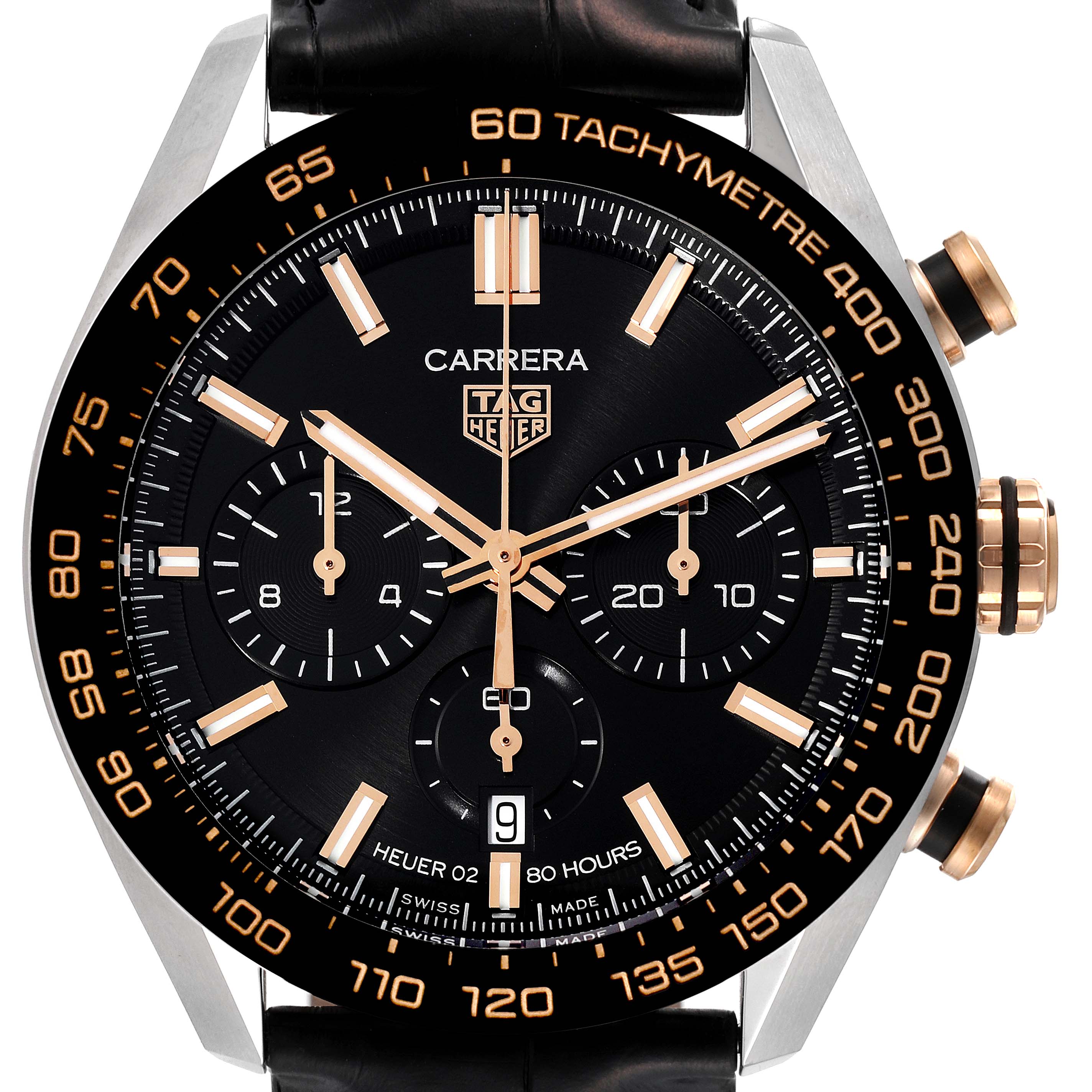 This image shows a close-up of the Tag Heuer Carrera CBN2A5A.FC6481 Men's Steel and Gold (two tone) Black Dial CBN2A5A.FC6481 Men's Steel and Gold (two tone) Black Dial watch face, highlighting the tachymeter, sub-dials, hands, and date window.