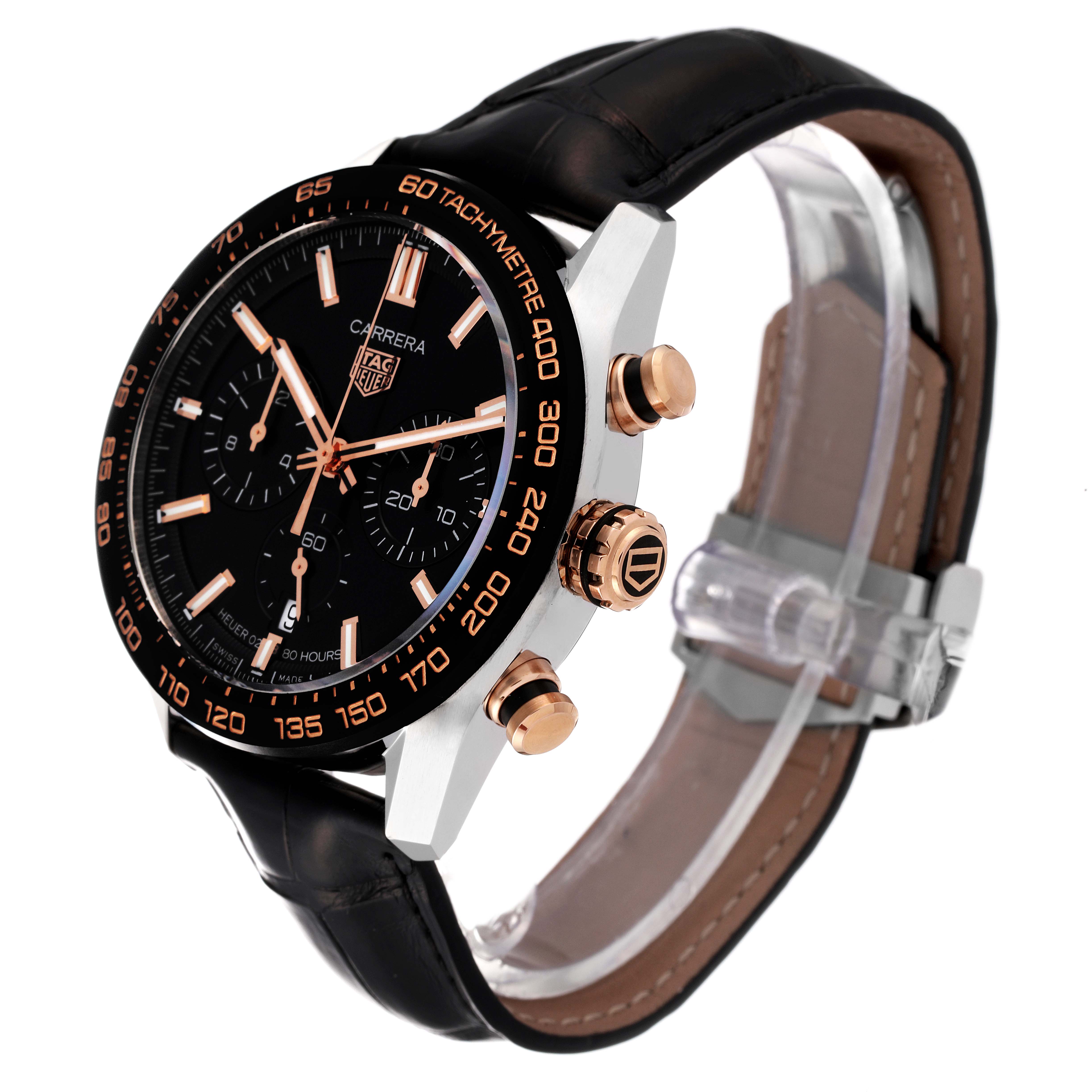 The image shows a side view of a Tag Heuer Carrera CBN2A5A.FC6481 Men's Steel and Gold (two tone) Black Dial CBN2A5A.FC6481 Men's Steel and Gold (two tone) Black Dial watch, highlighting the dial, bezel, crown, pushers, and strap.