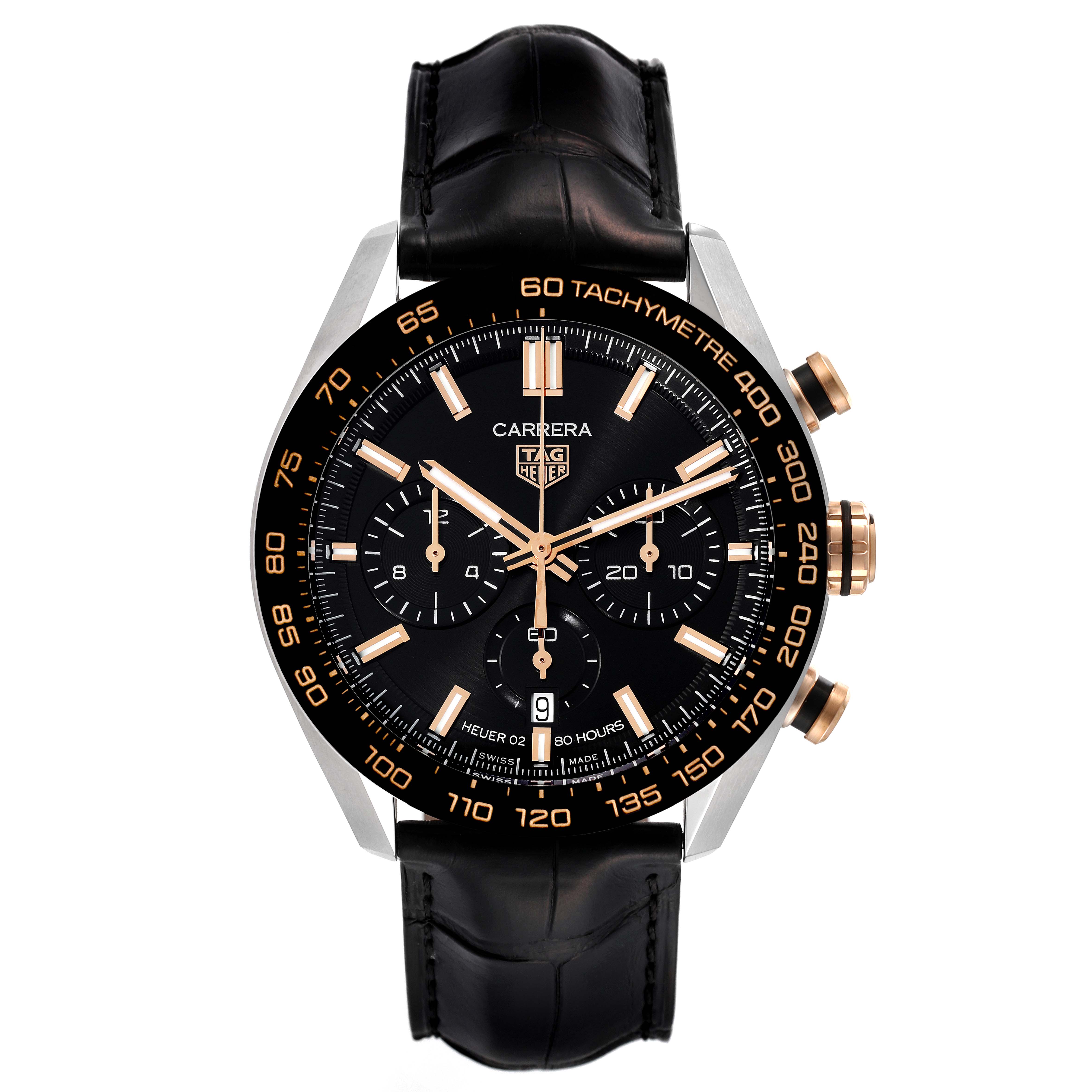 The image shows a front view of a Tag Heuer Carrera CBN2A5A.FC6481 Men's Steel and Gold (two tone) Black Dial CBN2A5A.FC6481 Men's Steel and Gold (two tone) Black Dial watch featuring a black dial, chronograph subdials, a tachymeter bezel, and a black leather strap.