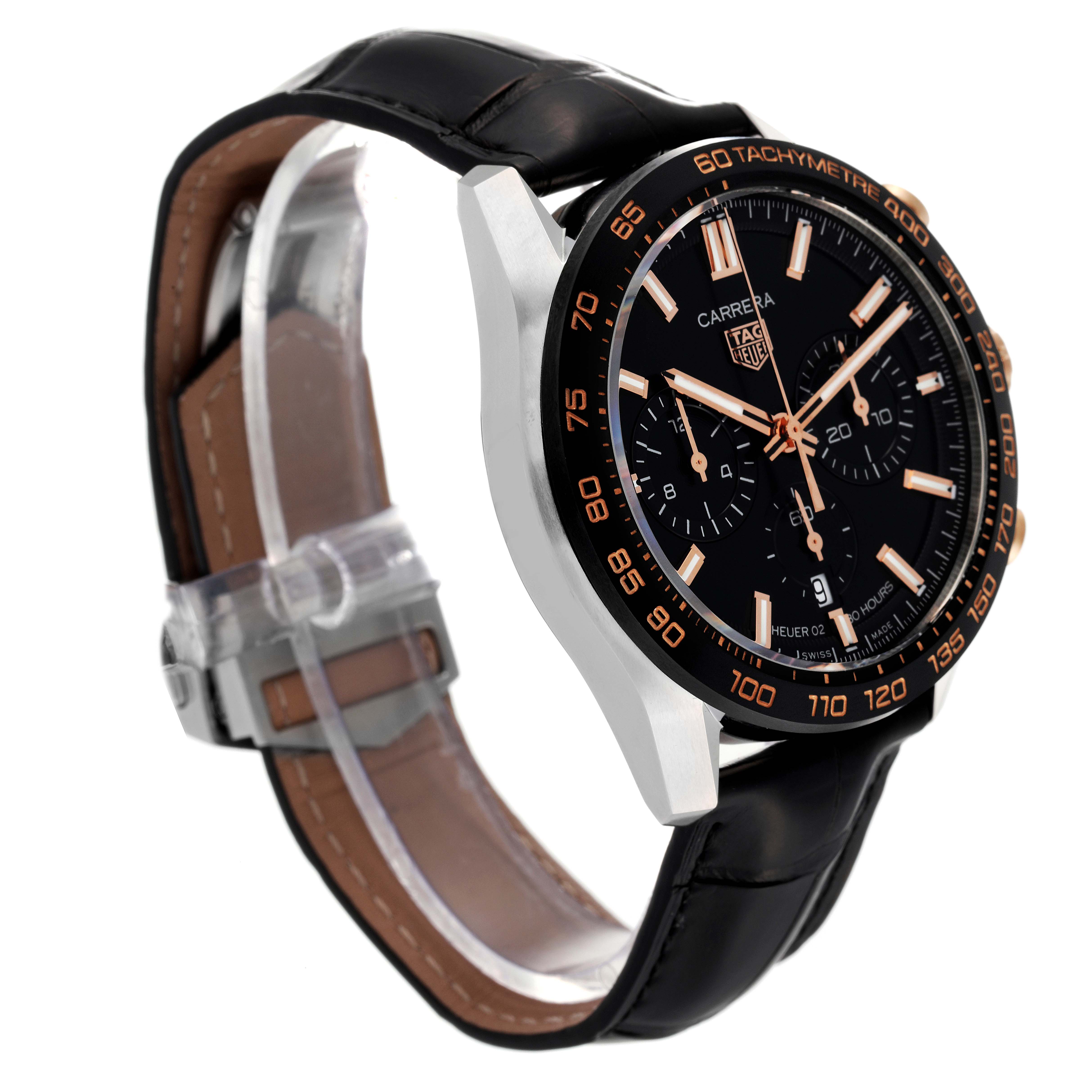 The image shows a Tag Heuer Carrera CBN2A5A.FC6481 Men's Steel and Gold (two tone) Black Dial CBN2A5A.FC6481 Men's Steel and Gold (two tone) Black Dial watch at a three-quarter angle, highlighting the face, bezel, and leather strap.