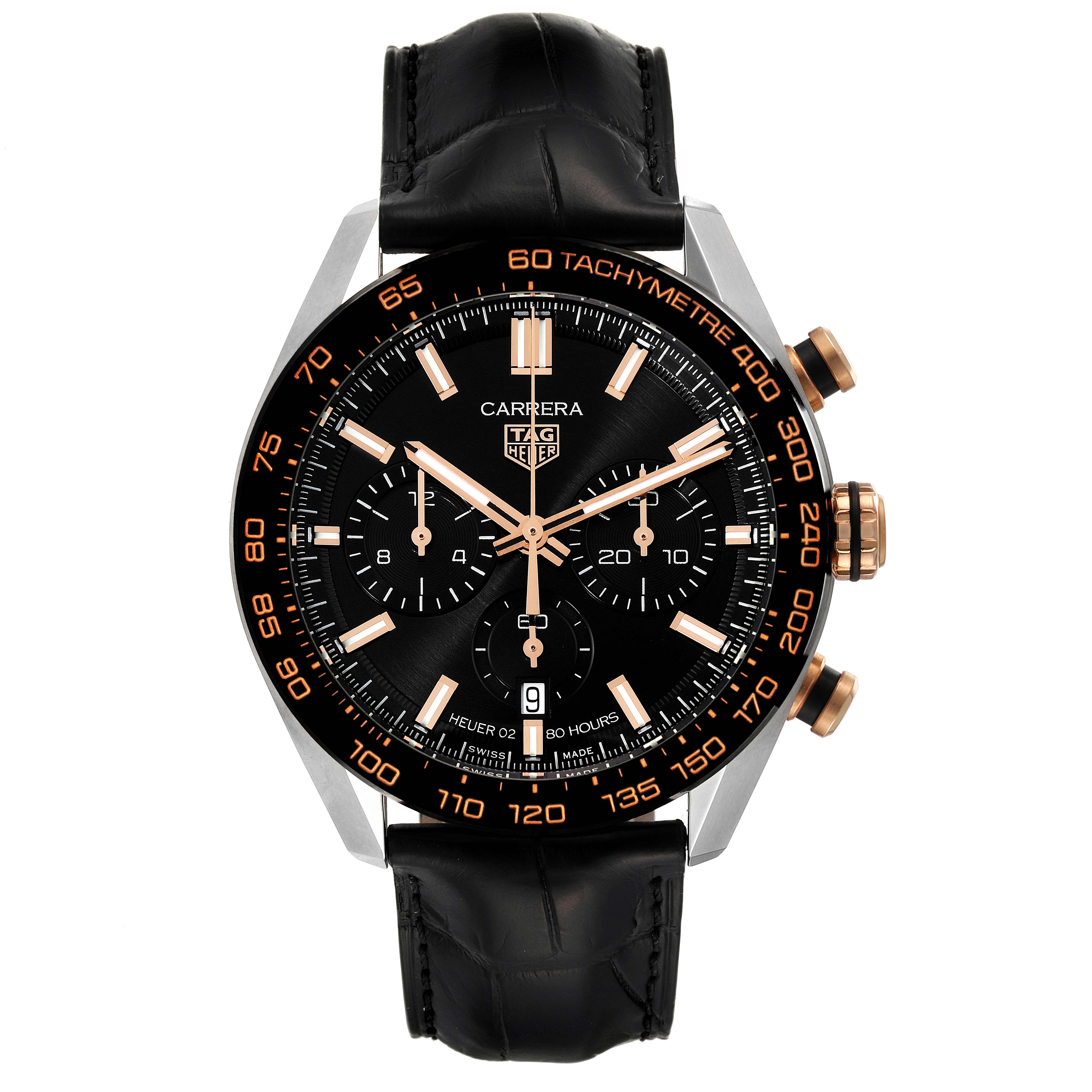 This is a straight-on view of a Tag Heuer Carrera CBN2A5A.FC6481 Men's Steel and Gold (two tone) Black Dial CBN2A5A.FC6481 Men's Steel and Gold (two tone) Black Dial watch, displaying its face, bezel, crown, and chronograph pushers.