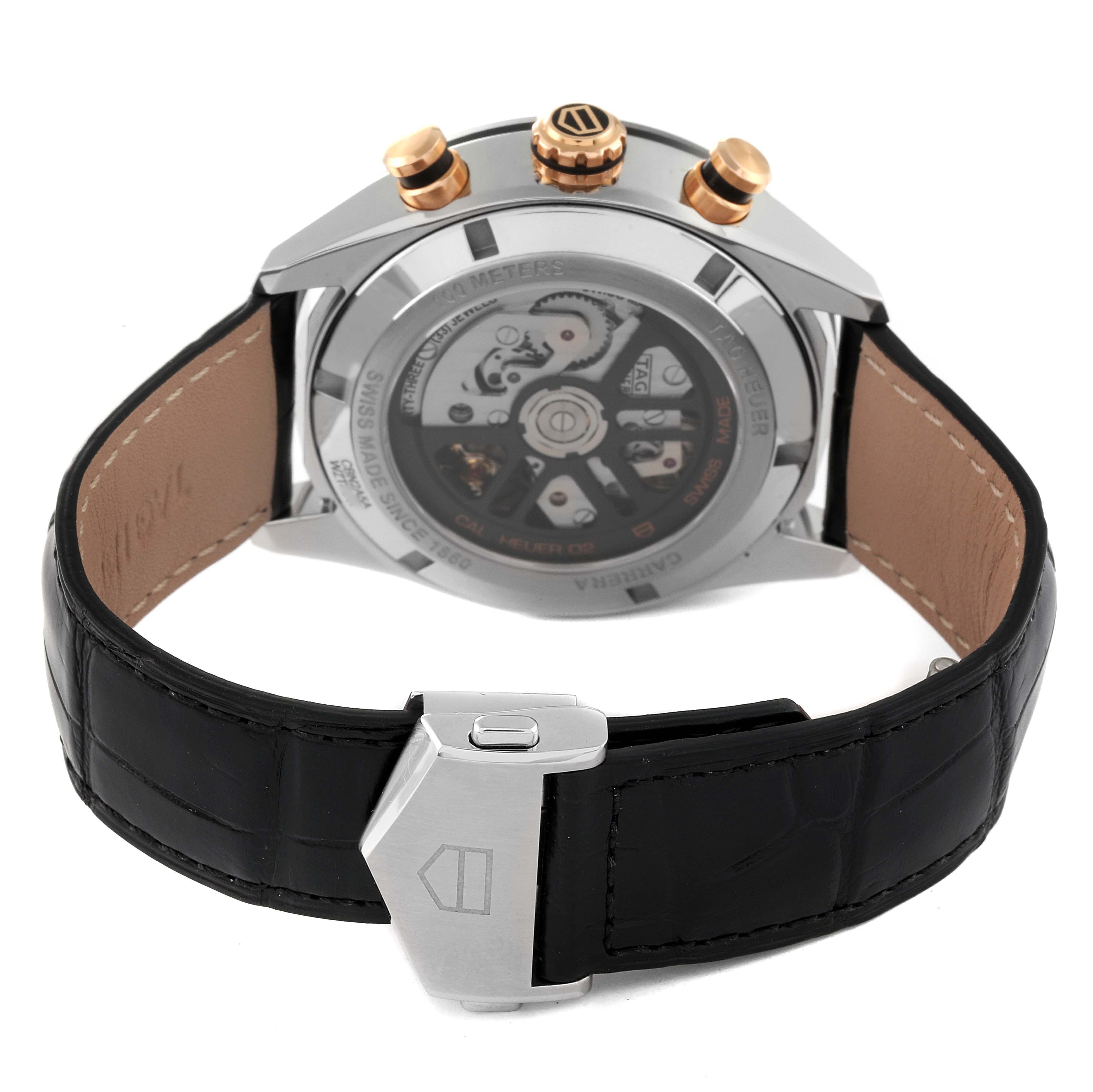 The image shows the back view of a Tag Heuer Carrera CBN2A5A.FC6481 Men's Steel and Gold (two tone) Black Dial CBN2A5A.FC6481 Men's Steel and Gold (two tone) Black Dial watch, highlighting the movement, case back, and leather strap.