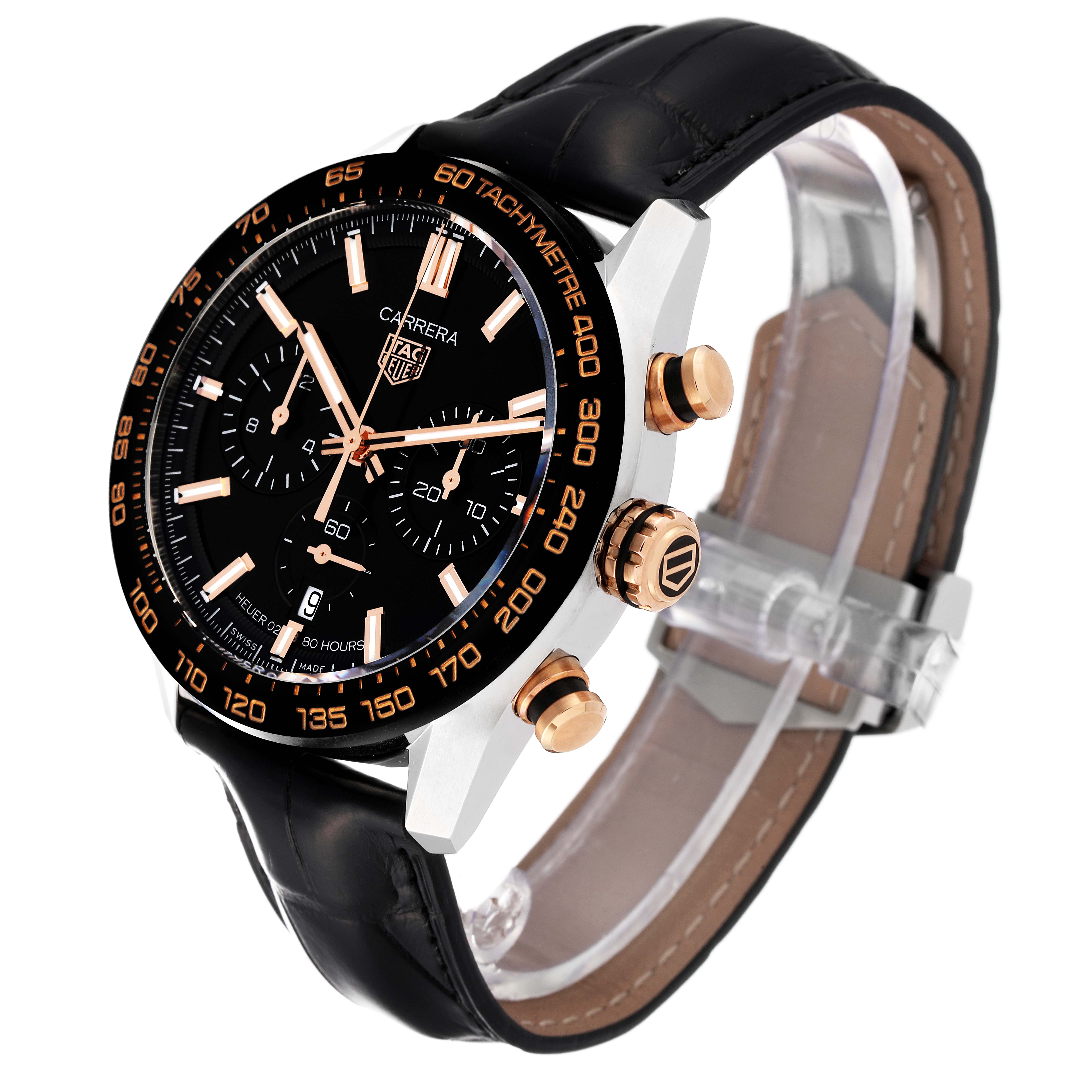 This image shows a Tag Heuer Carrera CBN2A5A.FC6481 Men's Steel and Gold (two tone) Black Dial CBN2A5A.FC6481 Men's Steel and Gold (two tone) Black Dial watch at an angle, highlighting the face, bezel, crown, pushers, and black leather strap.