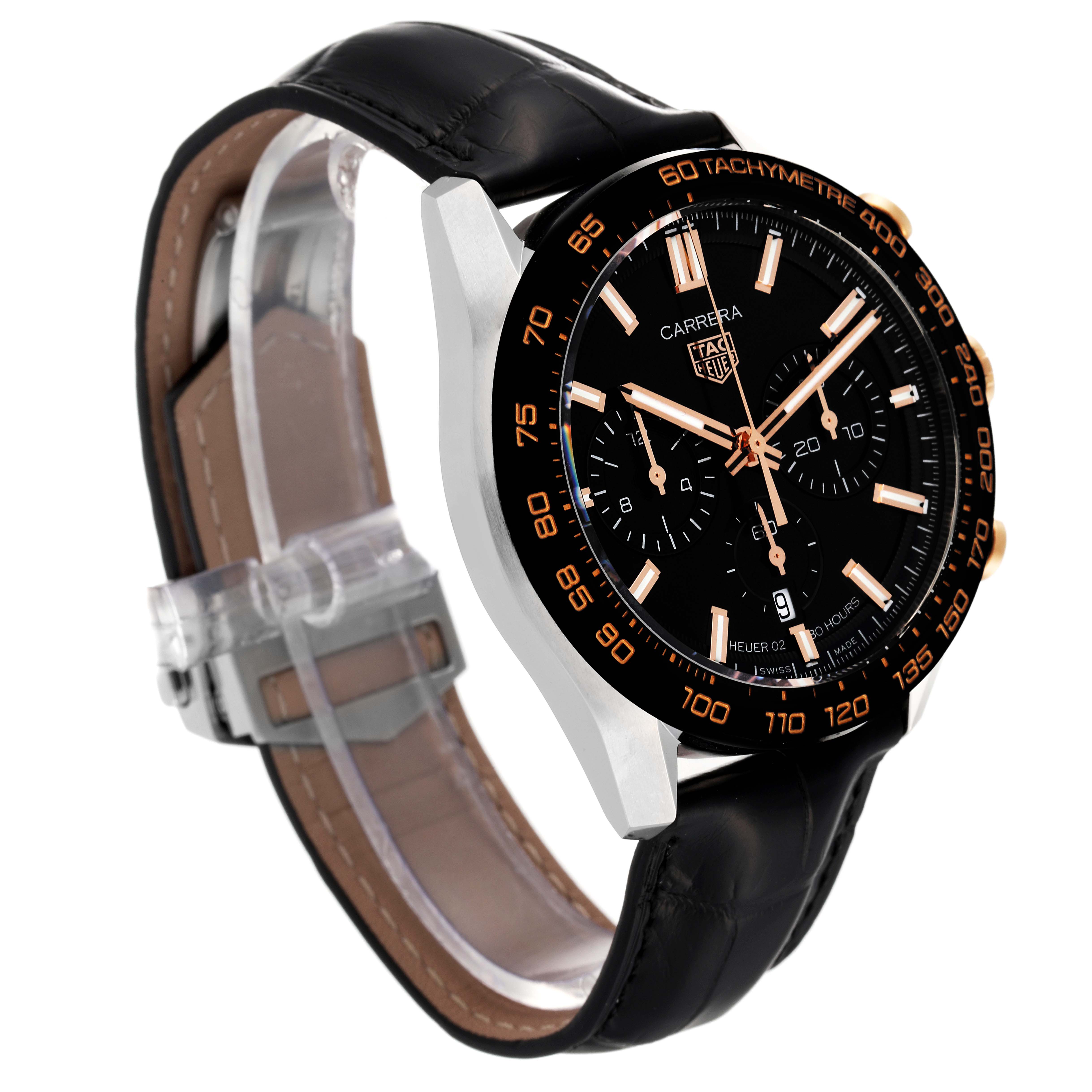 The image shows a side angle of a Tag Heuer Carrera CBN2A5A.FC6481 Men's Steel and Gold (two tone) Black Dial CBN2A5A.FC6481 Men's Steel and Gold (two tone) Black Dial model watch highlighting the dial, bezel, strap, and clasp.