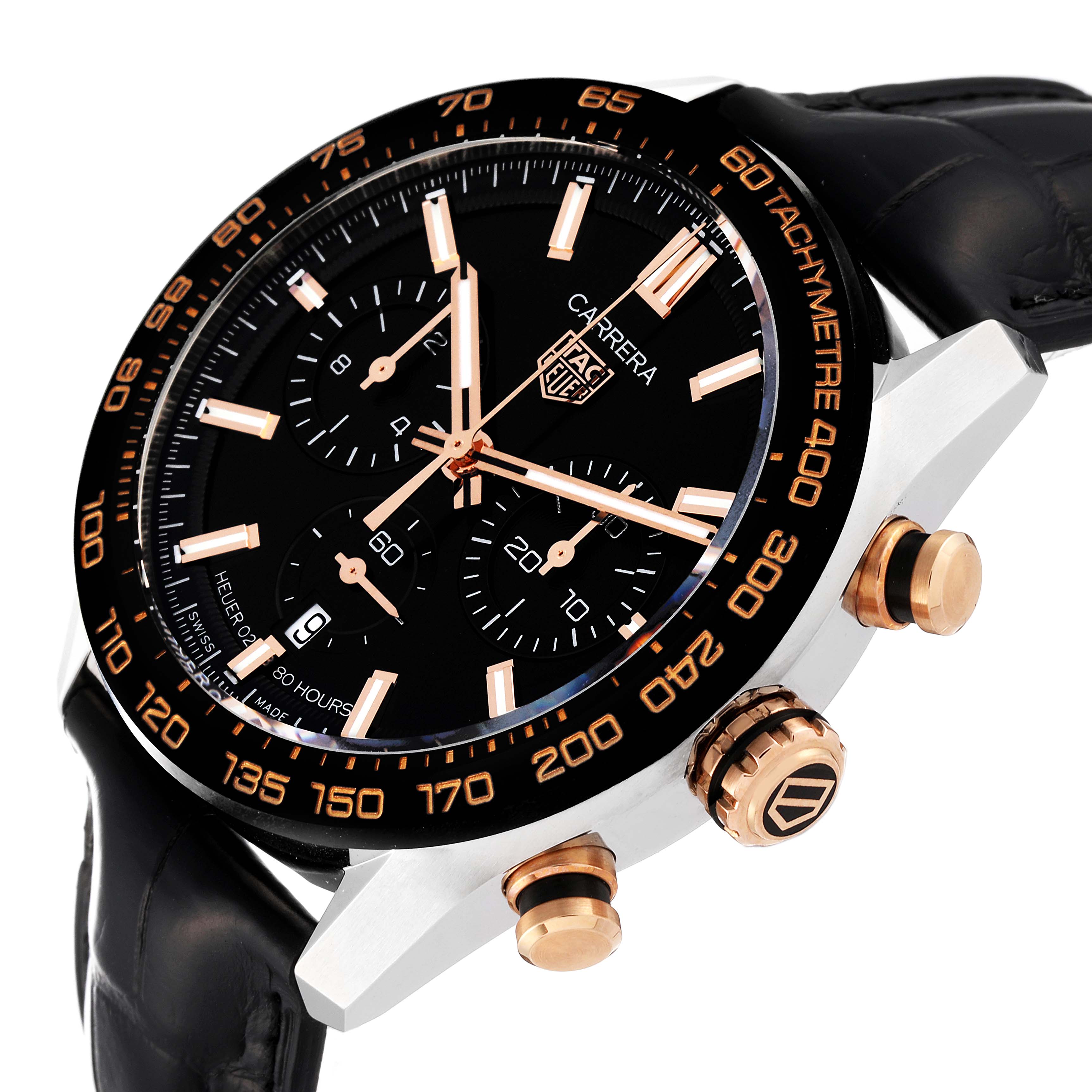 The image shows a close-up angle of the Tag Heuer Carrera CBN2A5A.FC6481 Men's Steel and Gold (two tone) Black Dial CBN2A5A.FC6481 Men's Steel and Gold (two tone) Black Dial watch, displaying its face, bezel, and side buttons.