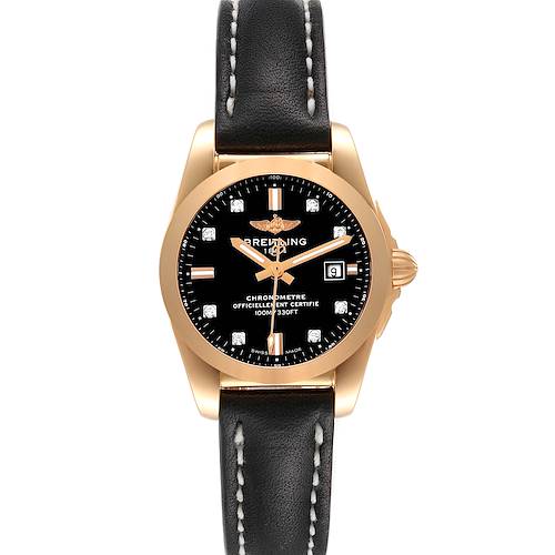 This Breitling H72348 Women's Rose Gold Black Dial H72348 Women's Rose Gold Black Dial Galactic 29 18k Rose Gold Diamond Dial Ladies Watch H72348 is shown in a straight-on view, highlighting its face, dial, and strap.