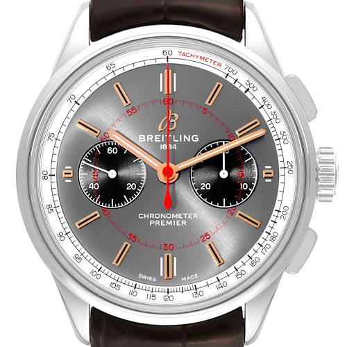 The image shows a front view of the Breitling Premier AB0118A31B1X1 Men's Stainless Steel Grey Dial AB0118A31B1X1 Men's Stainless Steel Grey Dial watch featuring a grey dial, chronograph sub-dials, and a tachymeter scale.