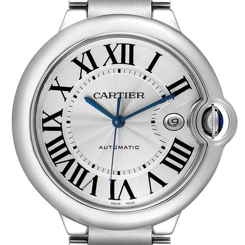 The image shows a close-up view of the Cartier Ballon Bleu W69012Z4 Men's Stainless Steel Silver Dial W69012Z4 Men's Stainless Steel Silver Dial watch, highlighting the dial, Roman numerals, blue hands, and date window.