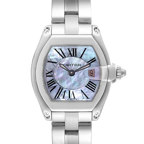 This Roadster model by Cartier is shown from the front, highlighting the watch face, bezel, and part of the bracelet.