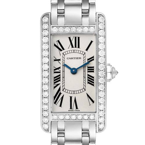 The image shows a front view of the Cartier Tank Americaine WB7073L1 Women's White Gold Silver Dial WB7073L1 Women's White Gold Silver Dial watch, highlighting its rectangular face, Roman numerals, diamond bezel, and metal bracelet.