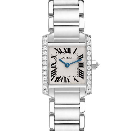 This image shows a front view of the Cartier Tank Francaise WE1002S3 Women's White Gold Silver Dial WE1002S3 Women's White Gold Silver Dial watch, highlighting its rectangular face with Roman numerals and metal bracelet.