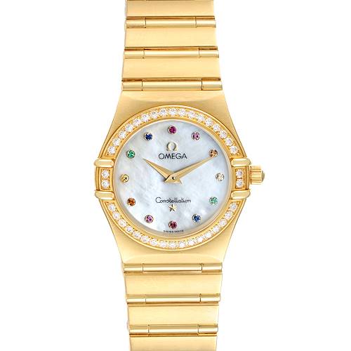 The image shows a front view of the Omega 1177.79.00 Women's White Gold Mother of Pearl Dial 1177.79.00 Women's White Gold Mother of Pearl Dial Constellation Iris Yellow Gold Multi Stone Watch 1177.79.00, highlighting the dial and bracelet.