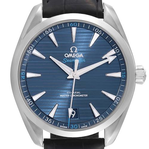 The image shows a front-facing view of the Omega Aqua Terra 220.13.41.21.03.001 Men's Stainless Steel Blue Dial 220.13.41.21.03.001 Men's Stainless Steel Blue Dial watch, highlighting its blue dial, indices, and crown.