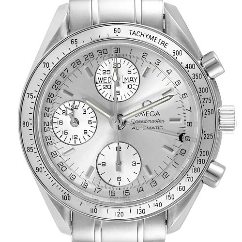 This image shows a frontal view of an Omega Speedmaster 3523.30.00 Men's Stainless Steel Silver Dial 3523.30.00 Men's Stainless Steel Silver Dial watch featuring a tachymeter scale and multiple smaller dials.