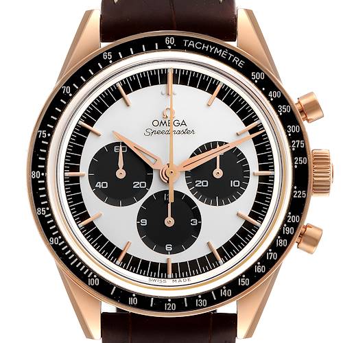 This image shows a front view of the Omega Speedmaster 311.63.40.30.02.001 Men's Rose Gold Silver Dial 311.63.40.30.02.001 Men's Rose Gold Silver Dial watch, highlighting the dial, chronograph subdials, and tachymeter bezel.