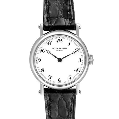 This image shows a front view of a Patek Philippe Calatrava 4860G Women's White Gold White Dial 4860G Women's White Gold White Dial watch with a white dial and black leather strap.