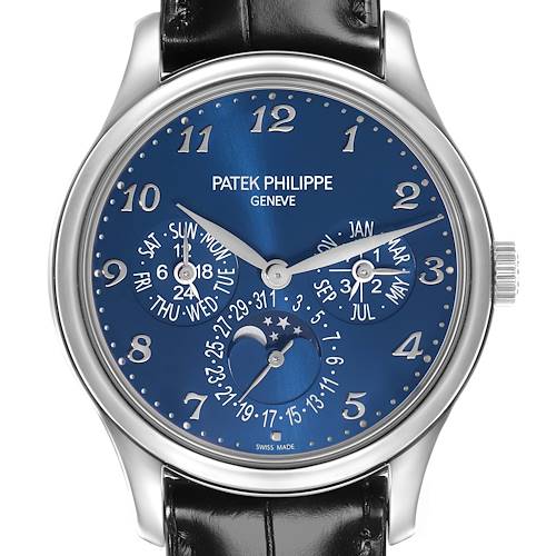 The image shows a frontal view of the Patek Philippe Complications 5327G-001 Men's White Gold Blue Dial 5327G-001 Men's White Gold Blue Dial watch, highlighting the dial, hands, and complications.