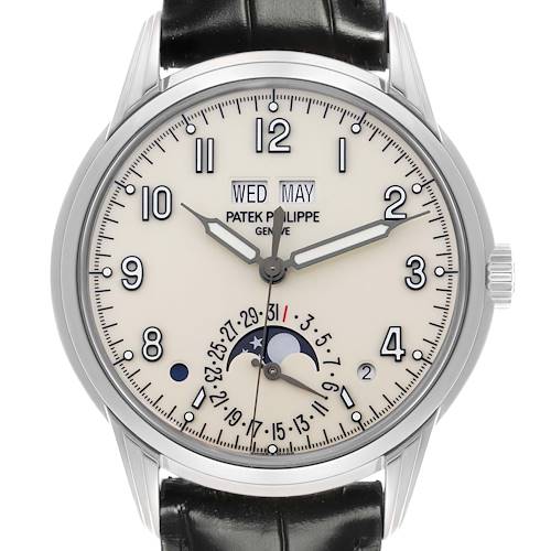 The Patek Philippe Complications 5320G-001 Men's White Gold White Dial 5320G-001 Men's White Gold White Dial watch is shown from the front, highlighting the dial, hands, date, day, month, and moon phase.