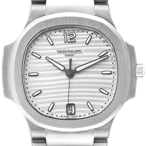 The image shows a close-up front view of the Patek Philippe Nautilus 7118/1A -010 Men's Stainless Steel Silver Dial 7118/1A -010 Men's Stainless Steel Silver Dial watch face, displaying the dial, hands, and date window.