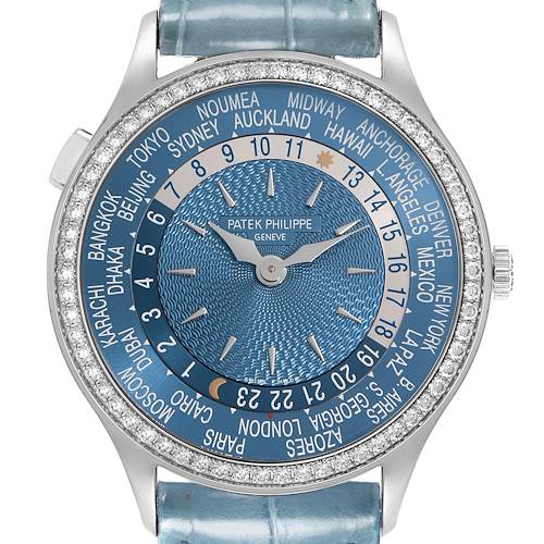 The Patek Philippe Complications 7130G-016 Men's White Gold Blue Dial 7130G-016 Men's White Gold Blue Dial watch is shown from the front, highlighting the blue dial and world time indicators.