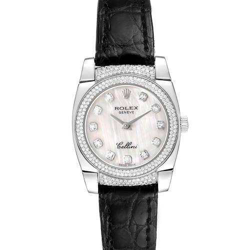 The Rolex Cellini 6311/9 Women's White Gold Mother of Pearl Dial 6311/9 Women's White Gold Mother of Pearl Dial watch is shown from a front angle, displaying its face, bezel, and black leather strap.