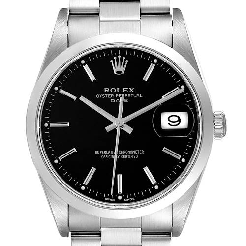 The image shows a frontal view of the Rolex Date 15200 Men's Stainless Steel Black Dial 15200 Men's Stainless Steel Black Dial model watch, displaying its black dial, date window, and stainless steel bracelet.