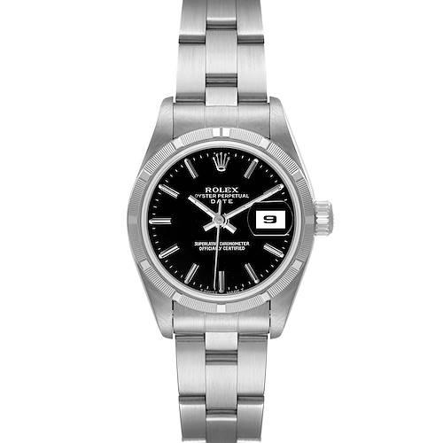 The image shows a front view of the Rolex Oyster Perpetual Date model watch, displaying its black dial, date window, and metal bracelet.