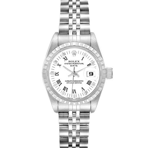 The image shows a Rolex Date 69240 Women's Stainless Steel White Dial 69240 Women's Stainless Steel White Dial model watch with a white dial, Roman numeral markers, and a stainless steel bracelet, viewed from the front.