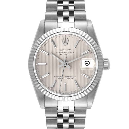 This image shows a front view of a Rolex Mid-Size 68274 Women's Stainless Steel Silver Dial 68274 Women's Stainless Steel Silver Dial Oyster Perpetual Datejust watch, highlighting the dial, bezel, and bracelet.